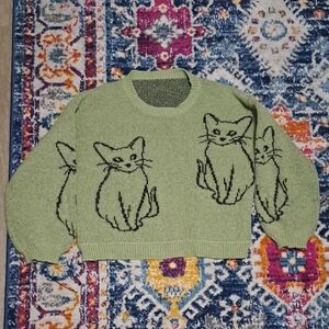Green Knit Cat Pattern Sweater